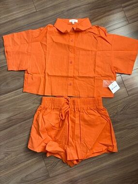 Orange Two-Piece Cropped Shirt & Drawstring Shorts Set
